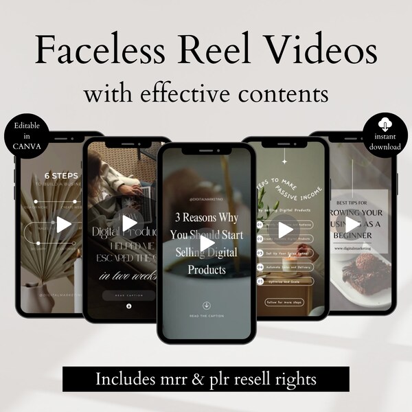 30 Faceless reels videos with content for digital marketing faceless hooks social media faceless marketing with master resell rights plr dfy