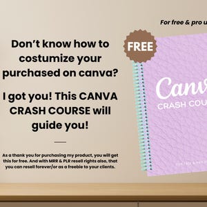 May include: A light purple spiral-bound notebook with the title "Canva Crash Course" in white. The cover has a textured design. The image includes the text "For free & pro users" and "FREE". The notebook is on a wooden surface.