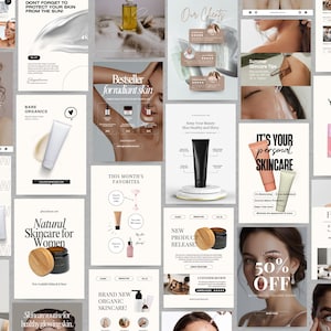 May include: A collage of images promoting skincare products. The images feature various products, including creams, serums, and oils. The text on the images includes phrases like "Bestseller for radiant skin", "Natural Skincare for Women", and "It's your personal skincare".