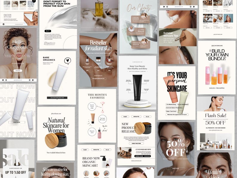 May include: A collage of images promoting skincare products. The images feature various products, including creams, serums, and oils. The text on the images includes phrases like "Bestseller for radiant skin", "Natural Skincare for Women", and "It's your personal skincare".
