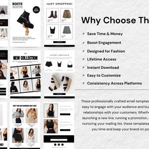 May include: A black and white promotional graphic featuring fashion items such as boots, tops, and skirts. Text includes "BOOTS" and "NEW COLLECTION", plus benefits like "Save Time & Money" and "Boost Engagement".