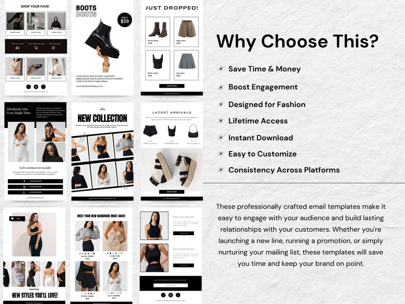 May include: A black and white promotional graphic featuring fashion items such as boots, tops, and skirts. Text includes "BOOTS" and "NEW COLLECTION", plus benefits like "Save Time & Money" and "Boost Engagement".