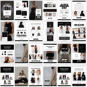 May include: A series of promotional graphics for a fashion boutique, featuring various layouts with text and images. The designs use a black, white, and grey colour scheme, showcasing clothing, accessories, and sale promotions. The text includes phrases like "Super Sale" and "New Collection."
