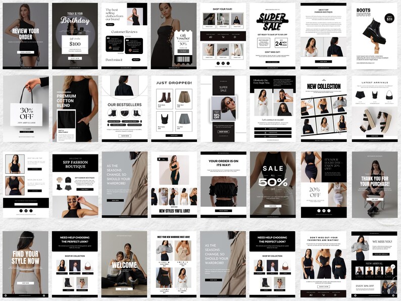 May include: A series of promotional graphics for a fashion boutique, featuring various layouts with text and images. The designs use a black, white, and grey colour scheme, showcasing clothing, accessories, and sale promotions. The text includes phrases like "Super Sale" and "New Collection."