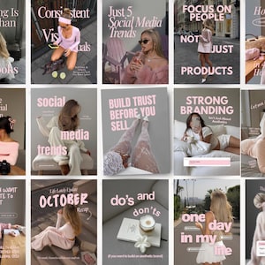 May include: A collection of fifteen social media post templates featuring lifestyle photography with soft pink and neutral tones. Each image includes overlay text such as Branding Is More Than Just Looks, Build Trust Before You Sell, and October Recap.