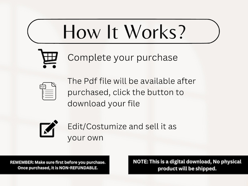 May include: A graphic with the text "How It Works?" and instructions for purchasing a digital download. Steps include completing the purchase, downloading the PDF file, and editing/customizing the file. A reminder about non-refundable purchases is included.