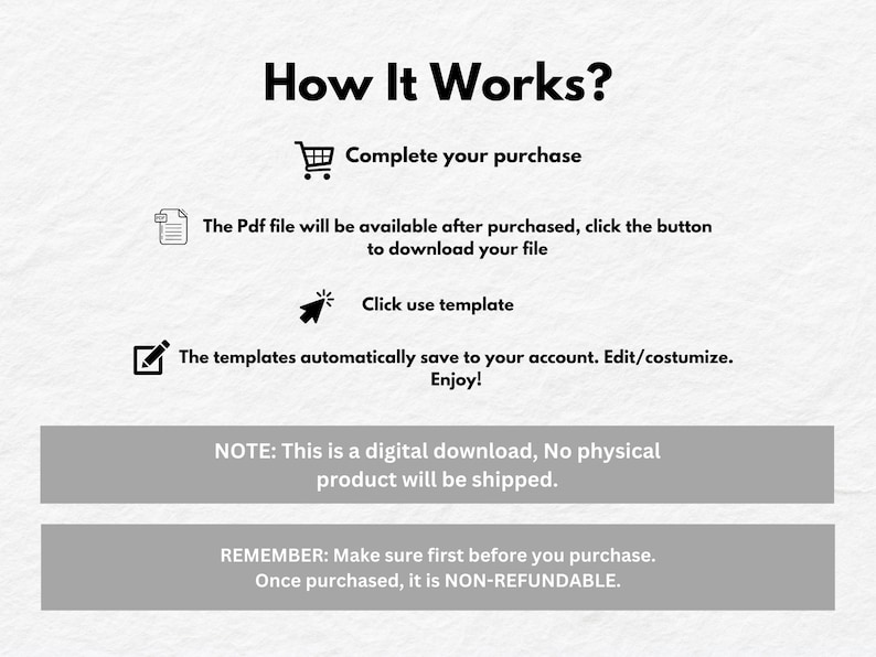 May include: How It Works? A digital download guide with instructions on how to purchase, download, and use a template. The text states that the product is a digital download and no physical product will be shipped. It also states that the purchase is non-refundable.