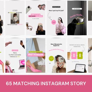 May include: A collage of nine Instagram story templates with pink and green accents. The templates feature text about social media marketing, growing an Instagram following, and becoming an expert in social media marketing.  The text includes phrases like "How to Get More Social Media Followers in 2023", "Secrets of Social Media Marketing", and "How I Became an Expert in Social Media Marketing".