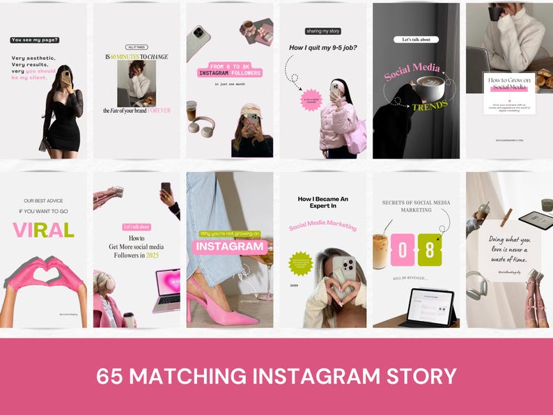 May include: A collage of nine Instagram story templates with pink and green accents. The templates feature text about social media marketing, growing an Instagram following, and becoming an expert in social media marketing.  The text includes phrases like "How to Get More Social Media Followers in 2023", "Secrets of Social Media Marketing", and "How I Became an Expert in Social Media Marketing".