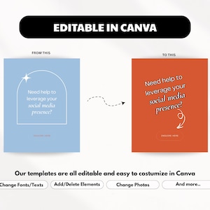 May include: A graphic showing a before-and-after comparison of a social media template. The text reads "Editable in Canva." The blue template asks, "Need help to leverage your social media presence?" The orange template answers the question.