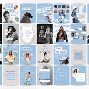 May include: A collection of light blue social media templates with various text overlays. The templates feature images of people, text like "Fashion Flashback," "Business," and "Unlock Your Success," and graphic elements.