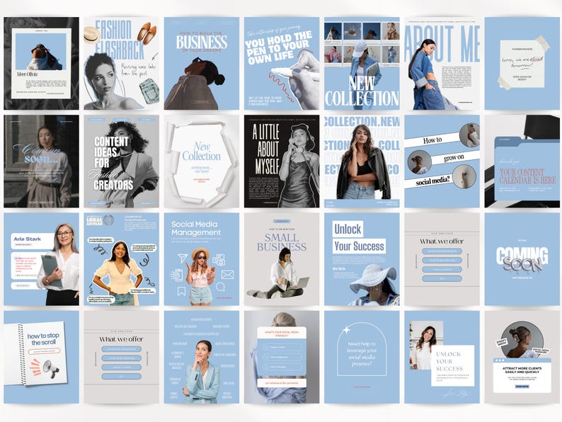May include: A collection of light blue social media templates with various text overlays. The templates feature images of people, text like "Fashion Flashback," "Business," and "Unlock Your Success," and graphic elements.