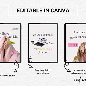 May include: Three digital marketing Canva templates with text overlays. The first template features a person under a blanket with a phone, the text reads "sorry, I have plans tonight". The second template features a laptop and a coffee cup with the text "Do this if you want to boost your social media presence". The third template features a person holding a phone with the text "How to start Digital Marketing for FREE".