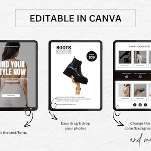 May include: Three digital tablets showcasing fashion content. The first tablet displays a woman and the text "FIND YOUR STYLE NOW". The second tablet shows a black boot and the text "BOOTS" and "ONLY &pound;39". The third tablet displays various product images.