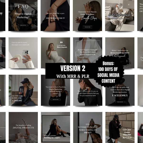 Instagram posts and matching stories for faceless digital marketing, aesthetic boss babe dark instagram templates, with mrr and plr faceless