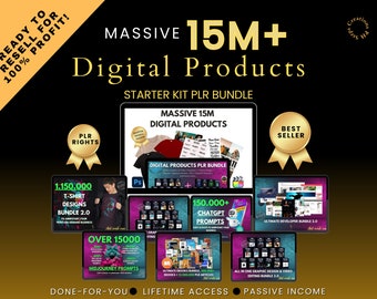 Massive 15 Million digital products starter kit plr bundle, ready to resell ebook bundle, t-shirt designs, assets, chatGPT & more dfy mrr