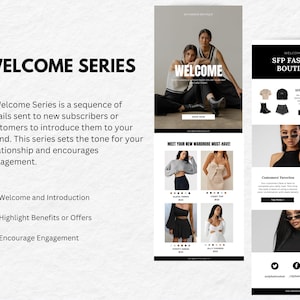 May include: A digital marketing design featuring the words "WELCOME SERIES" and "WELCOME". The design includes images of clothing and the text "SFP FASHION BOUTIQUE". The design is for email marketing.