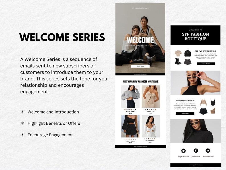 May include: A digital marketing design featuring the words "WELCOME SERIES" and "WELCOME". The design includes images of clothing and the text "SFP FASHION BOUTIQUE". The design is for email marketing.