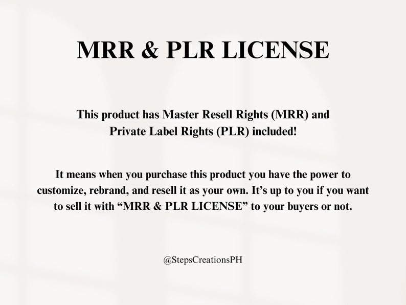 May include: White background with the text "MRR & PLR LICENSE" in black. The text explains Master Resell Rights (MRR) and Private Label Rights (PLR) are included, allowing customization and resale. The image includes the seller's handle.