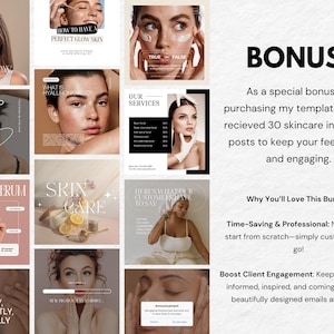 May include: A collage of images promoting skincare services. The images feature models with glowing skin and text about skincare products and services. The text includes phrases like "Skin Glow", "Always do a patch test", "How to have a perfect glow skin", "What is Hyaluronic Acid", "Our Services", "Borchele Serum", "Skin Care", "Gently, Frequently, Naturally", and "Here's what our customers say today".