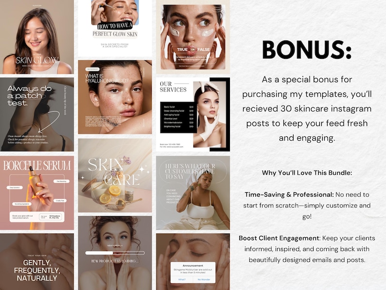 May include: A collage of images promoting skincare services. The images feature models with glowing skin and text about skincare products and services. The text includes phrases like "Skin Glow", "Always do a patch test", "How to have a perfect glow skin", "What is Hyaluronic Acid", "Our Services", "Borchele Serum", "Skin Care", "Gently, Frequently, Naturally", and "Here's what our customers say today".