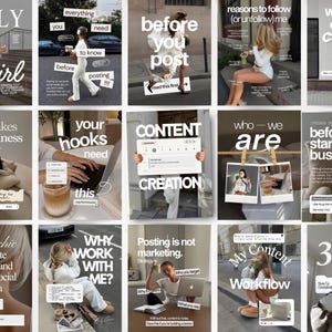 May include: A collection of fifteen social media post templates featuring lifestyle photography, white text overlays, and instructional headings such as 'before you post', 'content creation', and 'why work with me' on a neutral color palette.