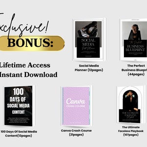 May include: An image showcasing a collection of digital business guides. Titles include "Social Media Planner," "The Perfect Business Blueprint," "100 Days of Social Media Content," "Canva Crash Course," and "The Ultimate Faceless Playbook."