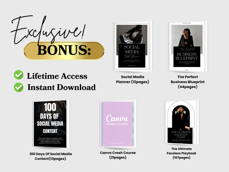 May include: An image showcasing a collection of digital business guides. Titles include "Social Media Planner," "The Perfect Business Blueprint," "100 Days of Social Media Content," "Canva Crash Course," and "The Ultimate Faceless Playbook."