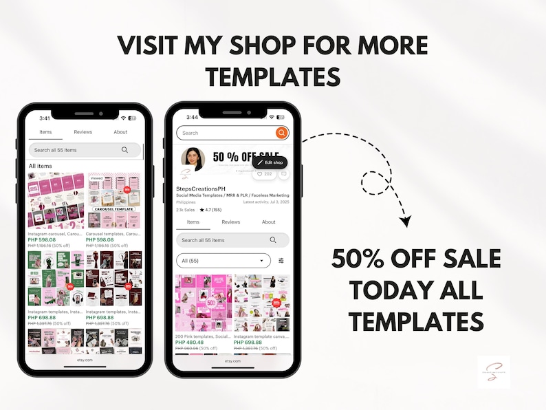 May include: Two smartphones displaying Etsy shop listings for templates. The left phone shows various templates with prices. The right phone highlights a 50% off sale on all templates. Text reads "Visit my shop for more templates" and "50% off sale today all templates."