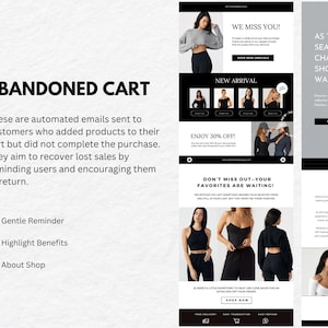 May include: A digital marketing email layout with the text "ABANDONED CART" at the top. The email design includes sections for new arrivals, a 30% off promotion, and a reminder about saved items. The layout is in black and white.