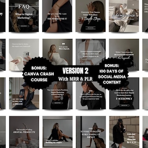 May include: A collage of 16 Instagram post templates with a dark aesthetic. The posts feature text about digital marketing, social media, and building a brand. The text includes phrases like "Stepping into my new era", "How to start digital marketing for free", "The benefits of selling digital products", and "Guarantee your success online with these simple steps".