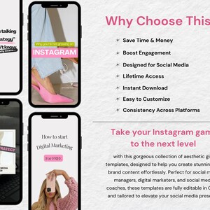 May include: A collection of digital marketing templates for Instagram. The templates feature a pink and white color scheme and include text such as "Steal My Strategy" and "How to Start Digital Marketing for Free".