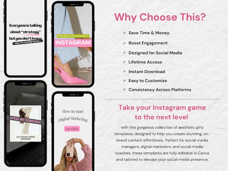 May include: A collection of digital marketing templates for Instagram. The templates feature a pink and white color scheme and include text such as "Steal My Strategy" and "How to Start Digital Marketing for Free".