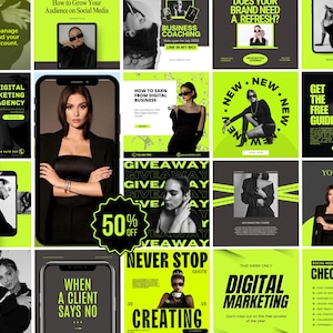 Neon Green Instagram Templates, Social Media Marketing Canva Posts, Neon template, Social Media Manager Templates, Instagram template, Mrr