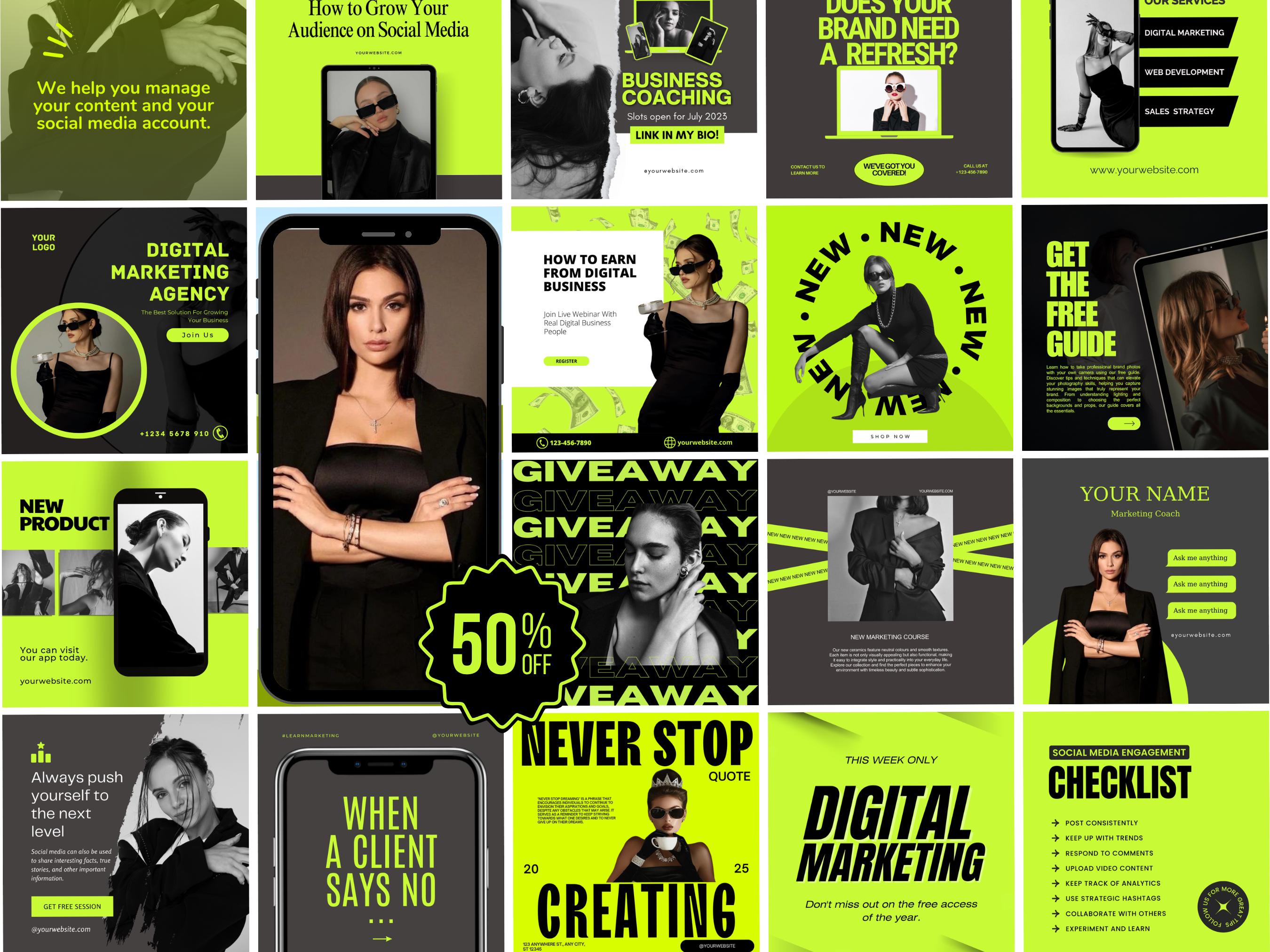 Neon Green Instagram Templates, Social Media Marketing Canva Posts, Neon template, Social Media Manager Templates, Instagram template, Mrr