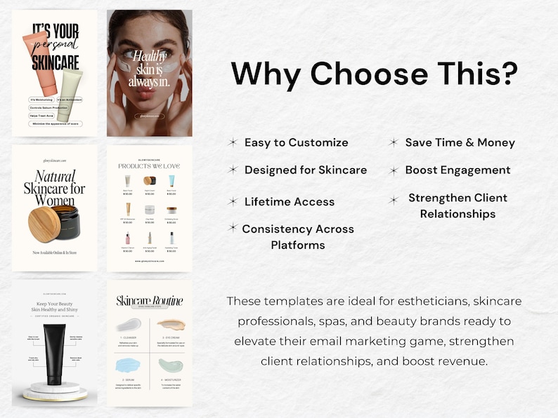May include: A collage of images showcasing email marketing templates for skincare businesses. The text "Why Choose This?" is featured prominently. The benefits of using these templates are listed, including easy customization, designed for skincare, lifetime access, consistency across platforms, saving time and money, boosting engagement, and strengthening client relationships.