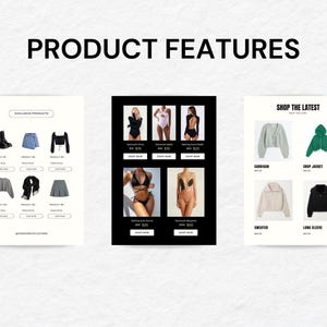 以下が含まれることがあります： 上部に「PRODUCT FEATURES」というテキストが入った画像。 下には、衣料品を紹介する3つのパネルがあります。 左側のパネルには、ブーツ、デニムショーツ、黒いトップス、グレーのセーター、スカーフ、プリーツスカートが表示されています。 中央のパネルには水着があります。 右側のパネルには、カーディガン、クロップジャケット、セーター、長袖が表示されています。