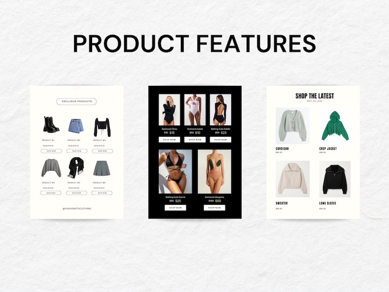 以下が含まれることがあります： 上部に「PRODUCT FEATURES」というテキストが入った画像。 下には、衣料品を紹介する3つのパネルがあります。 左側のパネルには、ブーツ、デニムショーツ、黒いトップス、グレーのセーター、スカーフ、プリーツスカートが表示されています。 中央のパネルには水着があります。 右側のパネルには、カーディガン、クロップジャケット、セーター、長袖が表示されています。