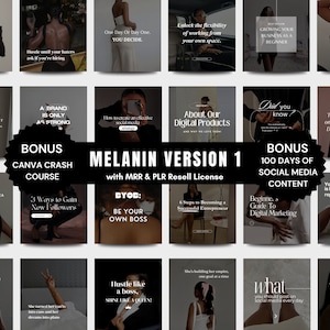 May include: A collage of 16 social media post templates featuring a melanin skin tone model. The templates include text such as "5 Key Digital Marketing Tips", "Hustle like a boss, Shine like a Queen", "About Our Digital Products", "The biggest secret no one has told you about DIGITAL PRODUCTS", and "Bonus Canva Crash Course".