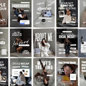 Può includere: Una collezione di quindici modelli per post sui social media con varie fotografie lifestyle, palette di colori neutri ed elementi di testo in sovrimpressione che includono titoli come People See Your Content, About Me e Weekly Recap per il branding.