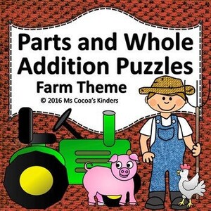 Può includere: Un set di puzzle di addizione di parti e interi a tema fattoria stampabili per bambini. L'immagine mostra un trattore verde, un maiale rosa, una gallina bianca e un contadino con un forcone. Il testo sull'immagine recita "Parts and Whole Addition Puzzles Farm Theme © 2016 Ms Cocoa's Kinders".