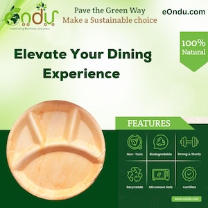 May include: A brown, round, divided plate made from palm leaves. The plate is 100% natural and features a variety of eco-friendly benefits, including being non-toxic, biodegradable, strong, sturdy, recyclable, microwave safe, and certified. The text "Pave the Green Way Make a Sustainable Choice" is at the top of the image.