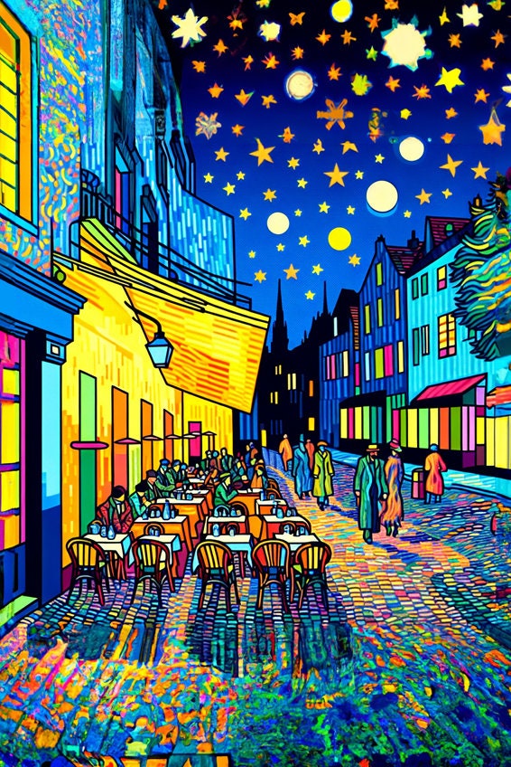 ゴッホ - 夜のカフェテラスの版画：ポスト印象派の壁画 - Etsy 日本