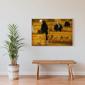 May include: A painting depicting three skeletons in black robes tending to a garden. The skeletons are surrounded by yellow and brown wooden planters filled with plants. The painting has a yellow background.