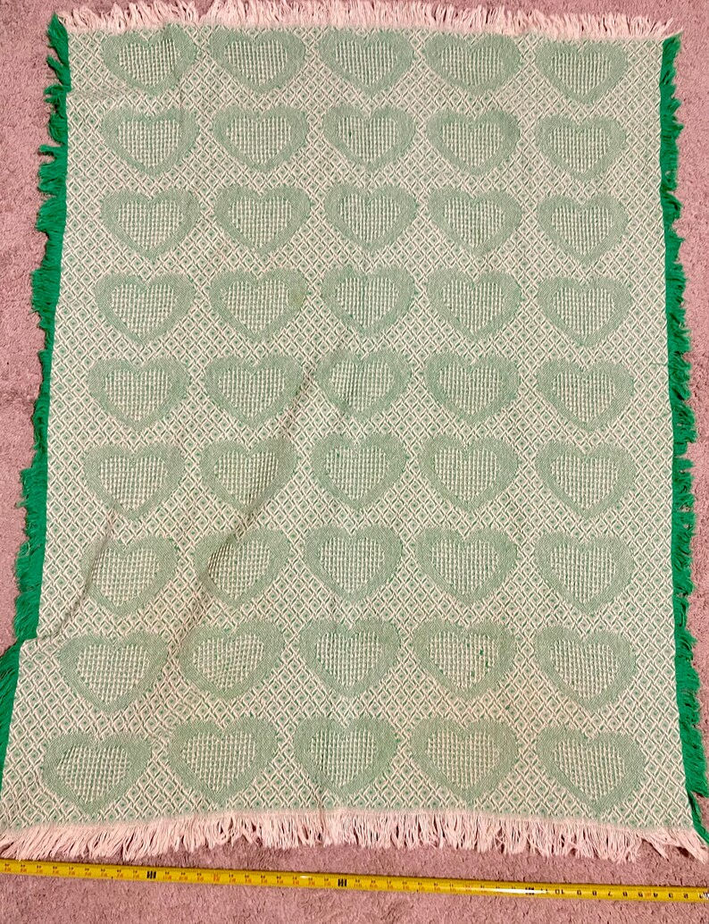 UNIQUE Vintage Woven Tapestry Throw Blanket, Green and White Hearts Etsy
