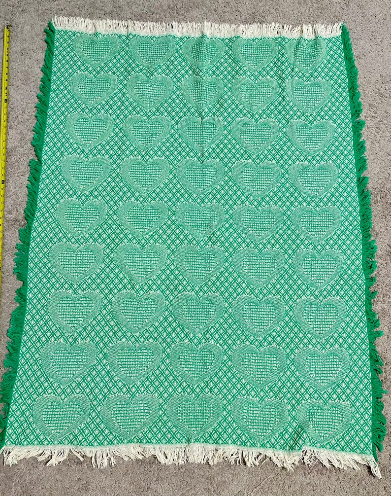 UNIQUE Vintage Woven Tapestry Throw Blanket, Green and White Hearts Etsy