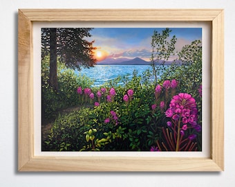 Peinture Atlin, Colombie-Britannique - Peinture épilobe coucher de soleil - Impression giclée d'art