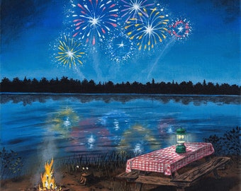 Patriotic Old Fashioned Campsite Painting with Fireworks - Fourth of July - Fine Art Giclee Print