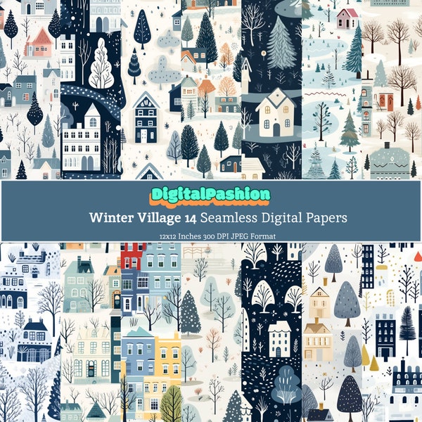 Snowy Scene Winter Village Row House Seamless Repeat Digital Download Pattern Snow Town Wonderland Landscape