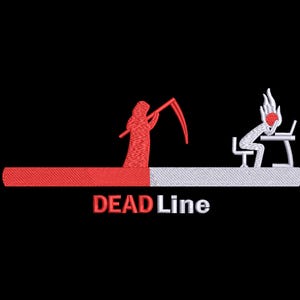 May include: Embroidered design on black fabric. The image features a red and white graphic depicting a deadline concept. A red Grim Reaper figure and a stressed person at a desk are shown. The word "DEAD Line" is also displayed.